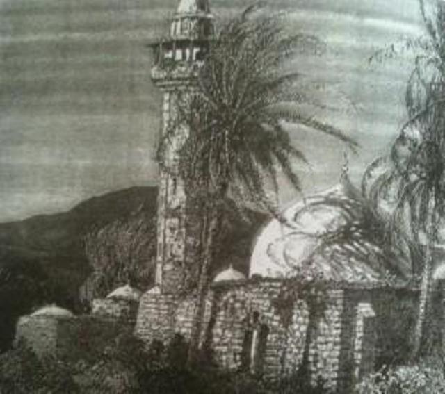 رسم يصور مسجد و مقام ملاصق له أقيم في فلسطين خلال فترة الحكم المملوكي مشابه إلى حد كبير  لما هو موجود في بلدة الخيام