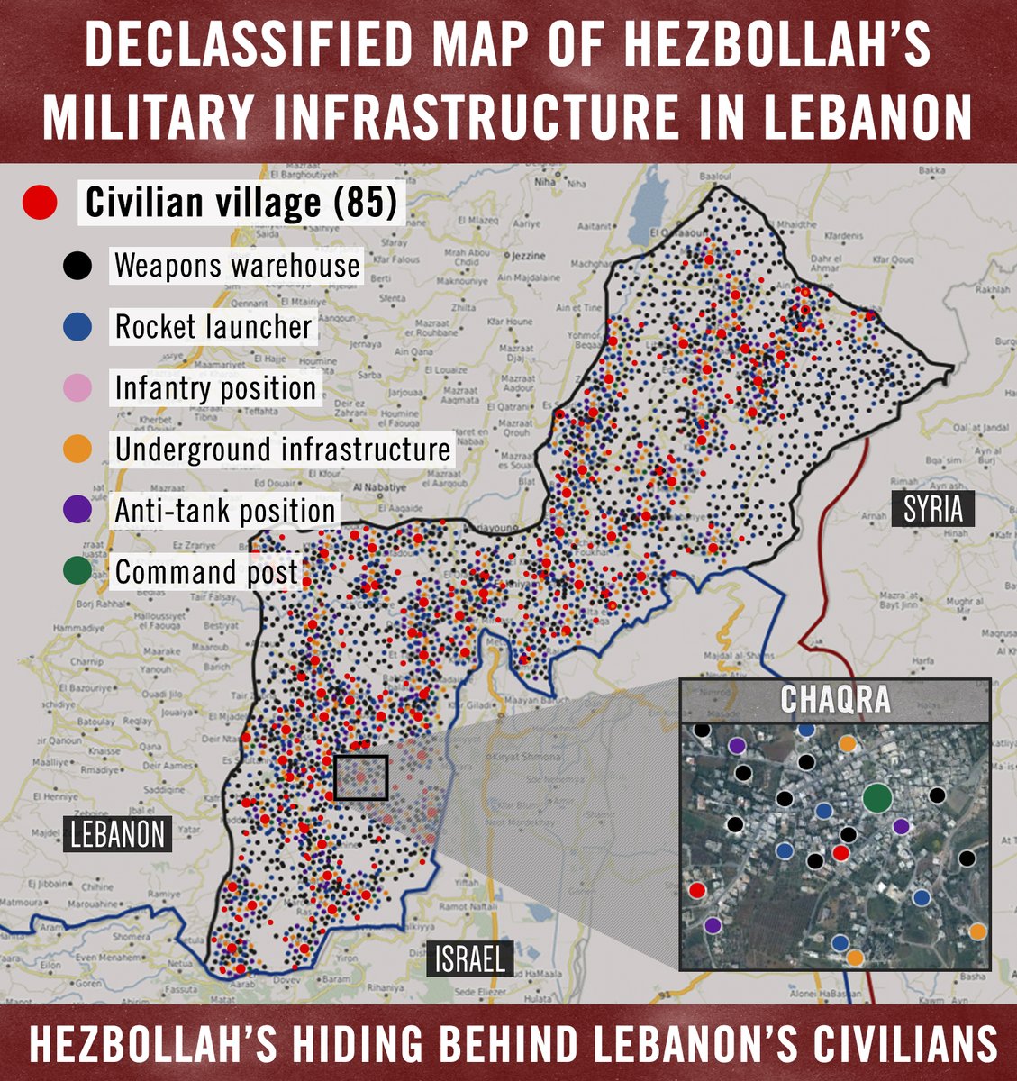 خارطة بالمواقع العسكرية لحزب الله في جنوب لبنان (تويتر جيش العدو الإسرائيلي)