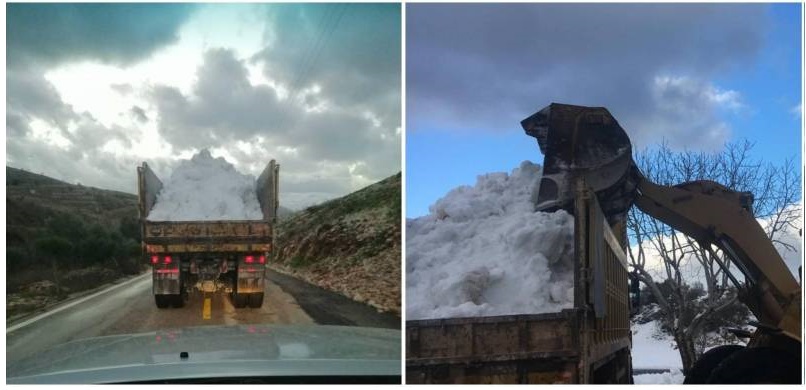 جرافة تملأ الشاحنة بالثلج في لبايا (الى اليمين). وتوجه الشاحنة الى سحمر (الى اليسار) الصورتان من جعفر الخطيب