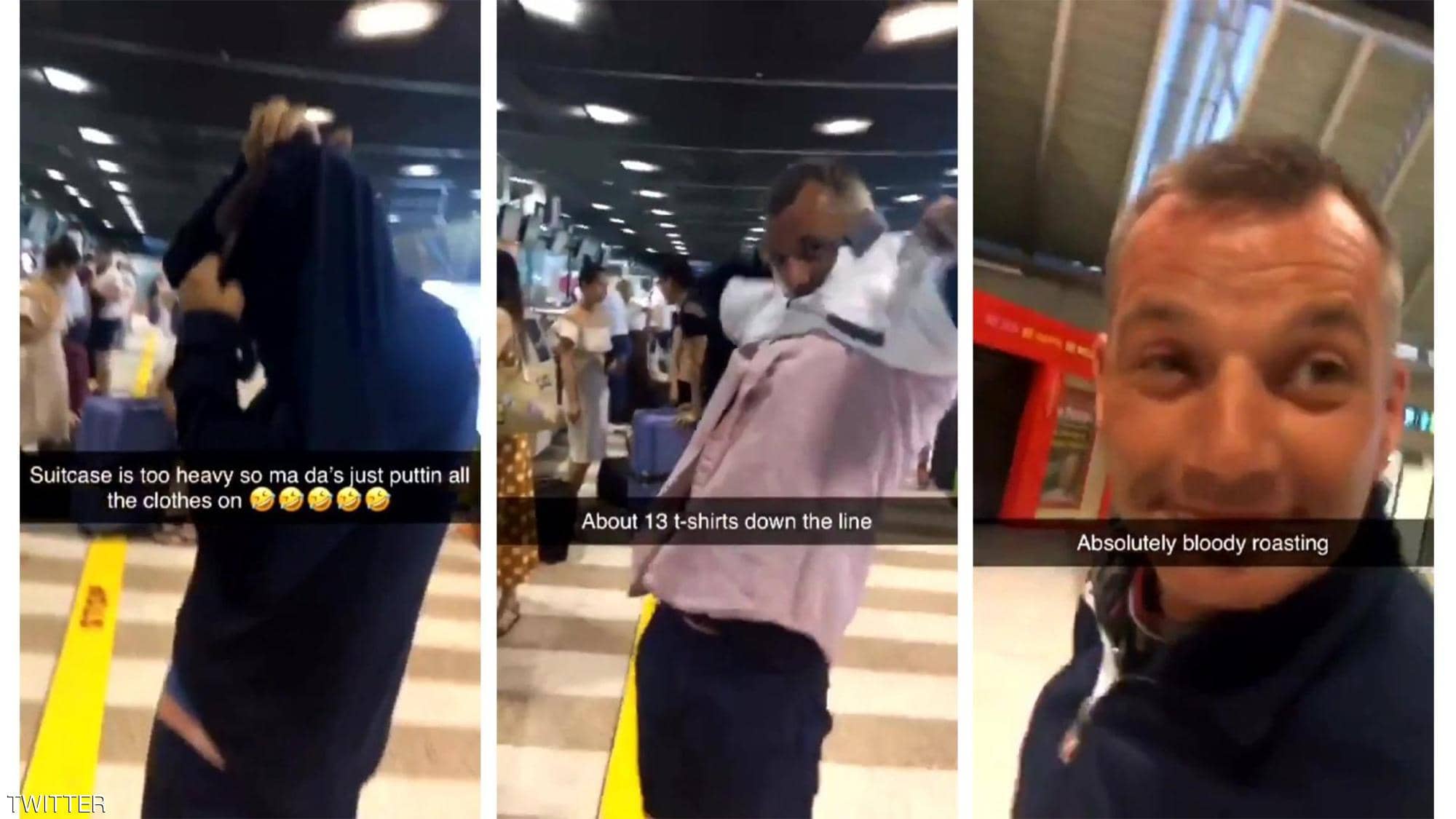   لقطات للأب وهو يرتدي القمصان وسط ضحكات المسافرين وابنه