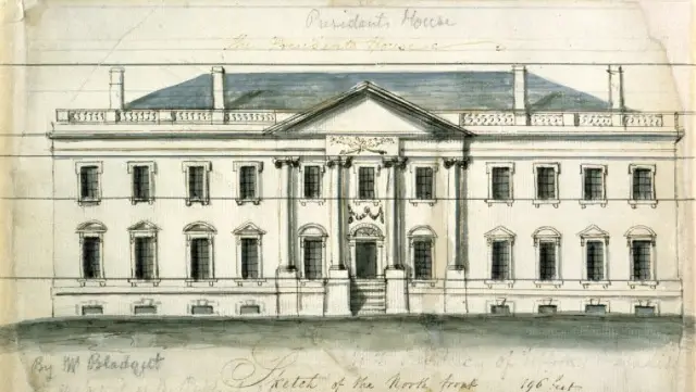 على طراز البرلمان اللإيرلندي بني جورج واشنطن البيت الأبيض سنة 1792 على يد المهندس الأيرلندي جيمس هوبان