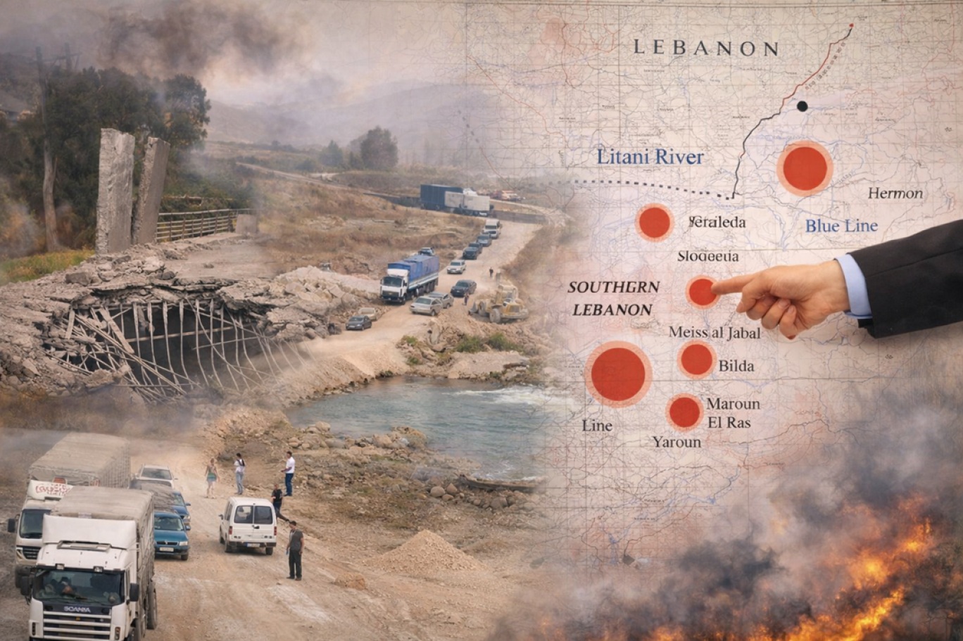 استهدفت إسرائيل أخيراً عدة جسور في جنوب لبنان ما أعاد سيناريو حرب 2006 (صورة مصممة عبر الذكاء الاصطناعي)