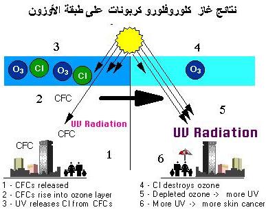 تبين هذه الصور ة مدى تأثير الكلورو فلورو كربونات على طبقة الأوزون
