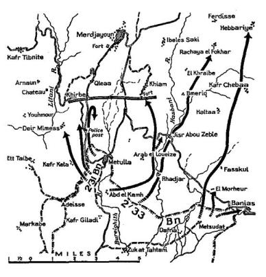 خريطة توضح مواقع انطلاق و خطط تحرك الجيوش المهاجمة و الدفاعات المقابلة لها في جبهتي مرجعيون و بانياس
