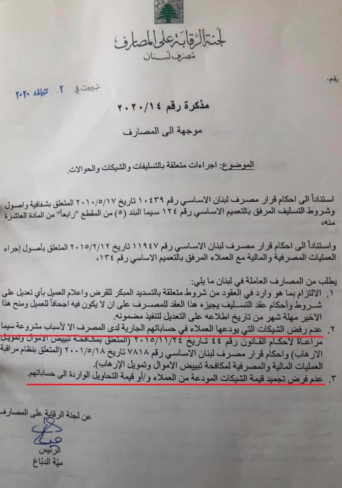 قرار لجنة الرقابة على المصارف (رقم 14/2020) الذي ترفض المصارف تنفيذه