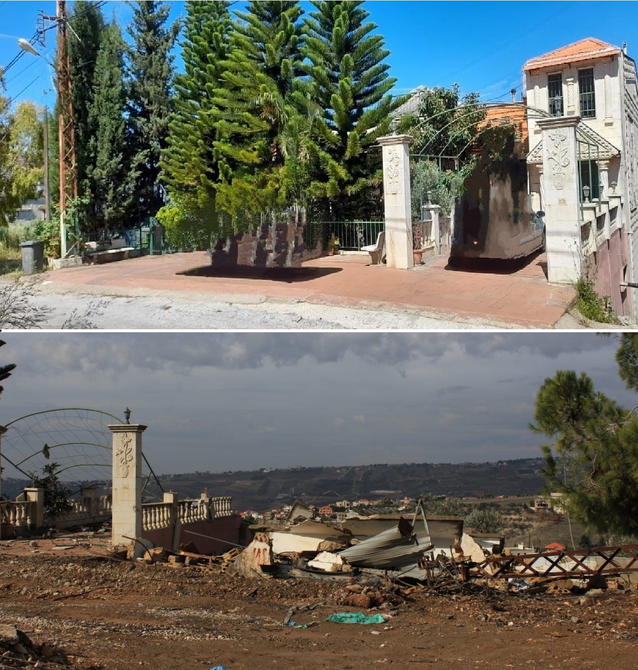 مدخل مبنى محمود عبدالله (السويسري) في الخيام، المؤلف من أربع طبقات، بعد أن طالته أيادي الاجرام