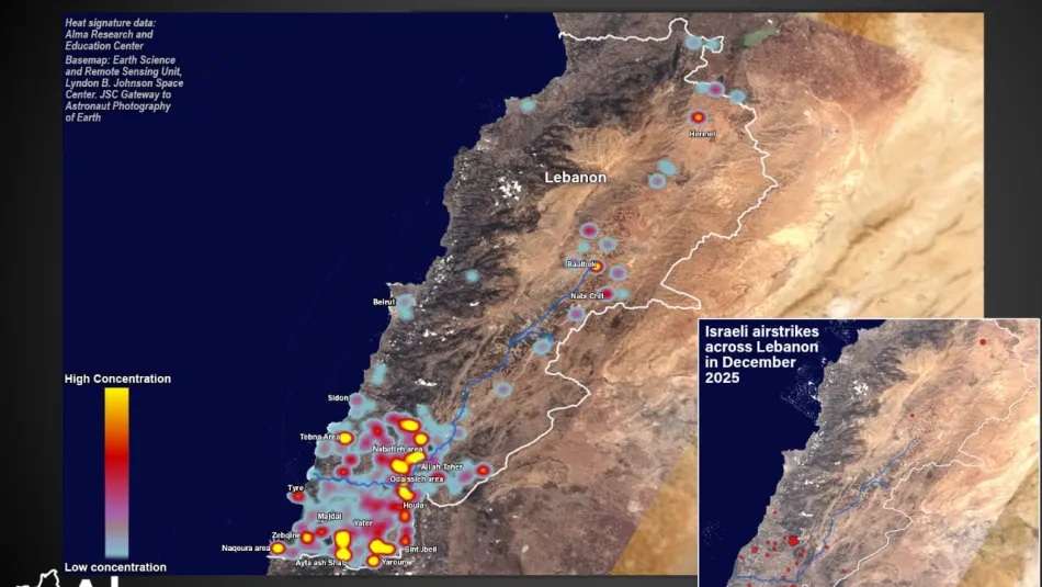 خريطة حرارية للغارات الجوية الإسرائيلية في لبنان (من 27 تشرين الثاني 2024 حتى 1 كانون الثاني2026)